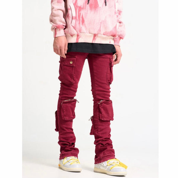 Pheelings Never Look Back Cargo Flare Stack Denim (Burgundy)