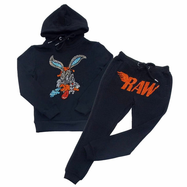 Kids Rawyalty Bunny Bling Hoodie & Raw Wing Jogger Set (Black/Orange)