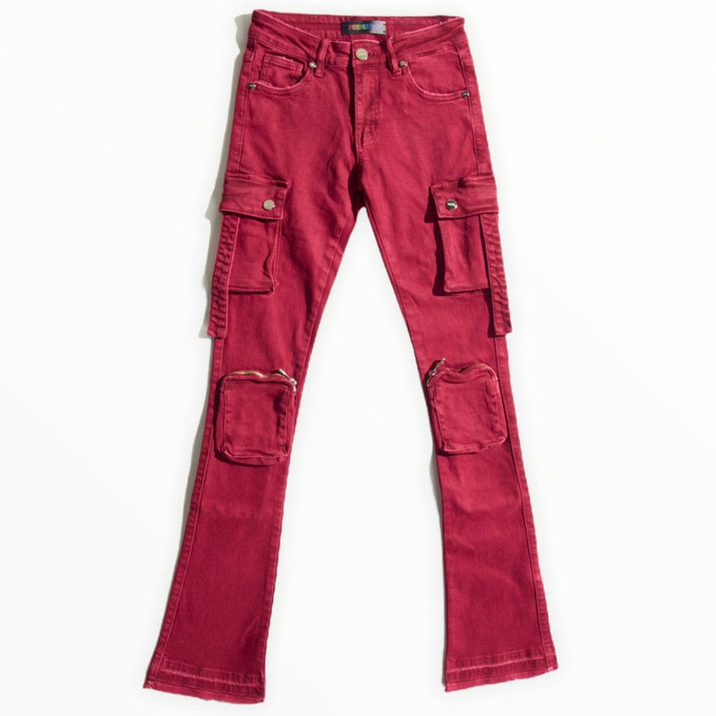 Pheelings Never Look Back Cargo Flare Stack Denim (Burgundy)